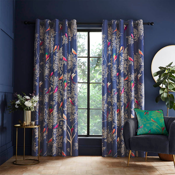 Sara Miller Smokey Birds Blue Readymade Curtains